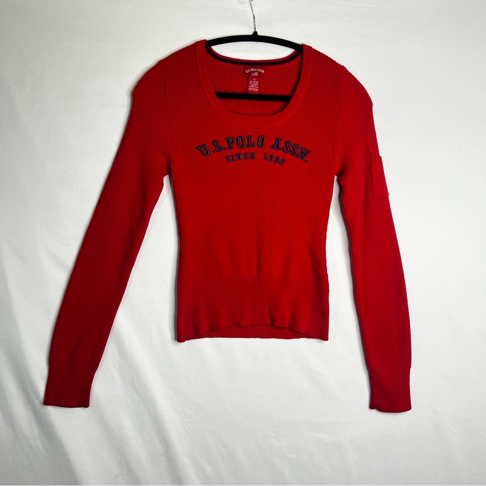 US Polo Assn Vintage Y2K Red Ribbed Long Sleeve Sweater Womens Sz M Embroidered